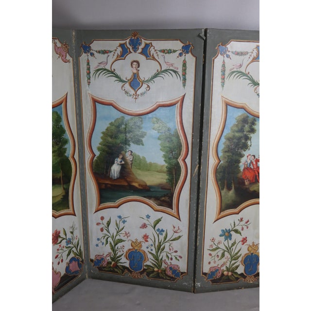 Nineteenth-century four-leaf folding screen depicting scenes from the four seasons. These four leaves are oil on canvas....