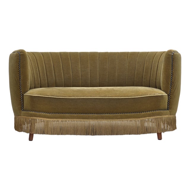 Danish 2-Seater Banana Sofa in Green Furniture Velour, 1970s For Sale