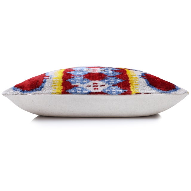 2020s Hand-Knotted Silk Ikat Lumbar Pillow - 16x24 Red & Blue Velvet Accent For Sale - Image 5 of 8