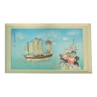 1970s Smooth Sailing Chinese Shell Carving Relief Art For Sale