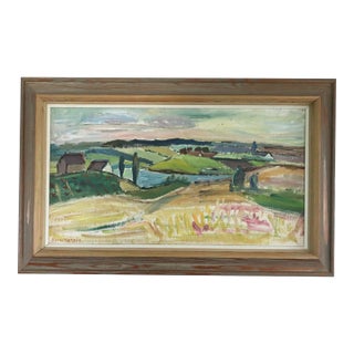 Mid Century Modern 'View Over the Valley' Vintage Original Landscape Oil Painting, Framed For Sale