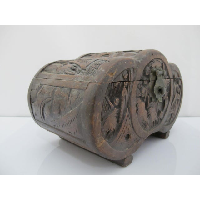 Chinese Carved Camphor Wood Landscape & Figural Cylindrical Lidded Trinket Box For Sale - Image 4 of 13
