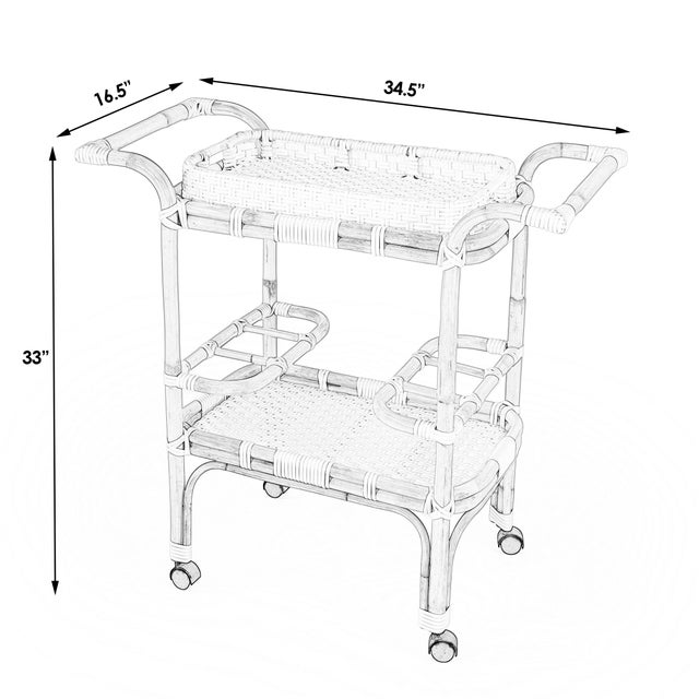 Coastal Selena 34.5 in. W Rectangular Rattan 2 Tier Mobile Removeable Top Bar Cart with Bottle Holders, Smooth White For Sale - Image 3 of 9