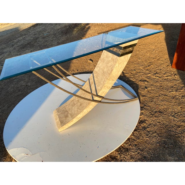 Vintage Postmodern Tessellated Stone & Glass Sculptural Console Entry Table For Sale In Sacramento - Image 6 of 18