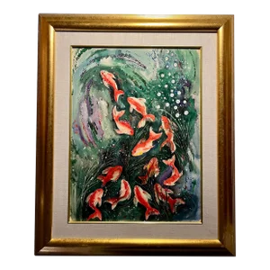 1992 Original Watercolor Painting Koi Fish by Hawaiian Artist Carrie Lee, Framed