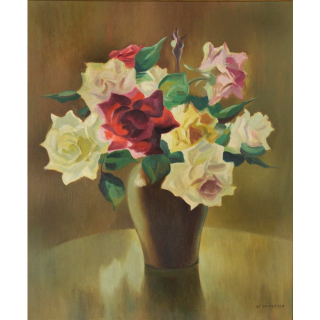 "Garden Roses" in a Vase Still Life by Masayoshi Himeno Beautiful still life oil painting on canvas of a vase of...