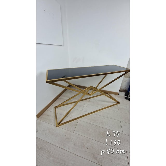 Console Table in Brass-Plated Iron and Black Glass Top For Sale - Image 5 of 10