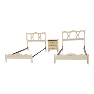 Pair of Mid-Century French Country Twin Size Bedframes and Bedside Chest Set For Sale