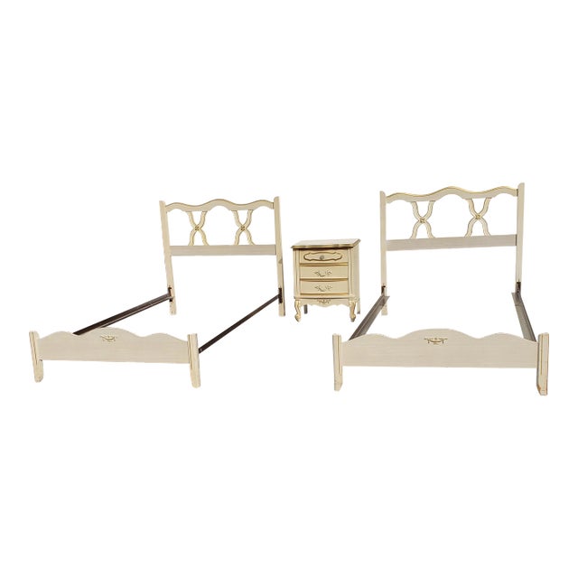 Pair of Mid-Century French Country Twin Size Bedframes and Bedside Chest Set For Sale