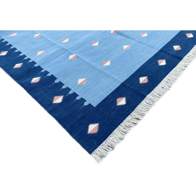 Handmade Cotton Natural Vegetable Dyed Reversible Sky Blue Orange Star Rug Dhurrie - 10'x14' For Sale - Image 6 of 12