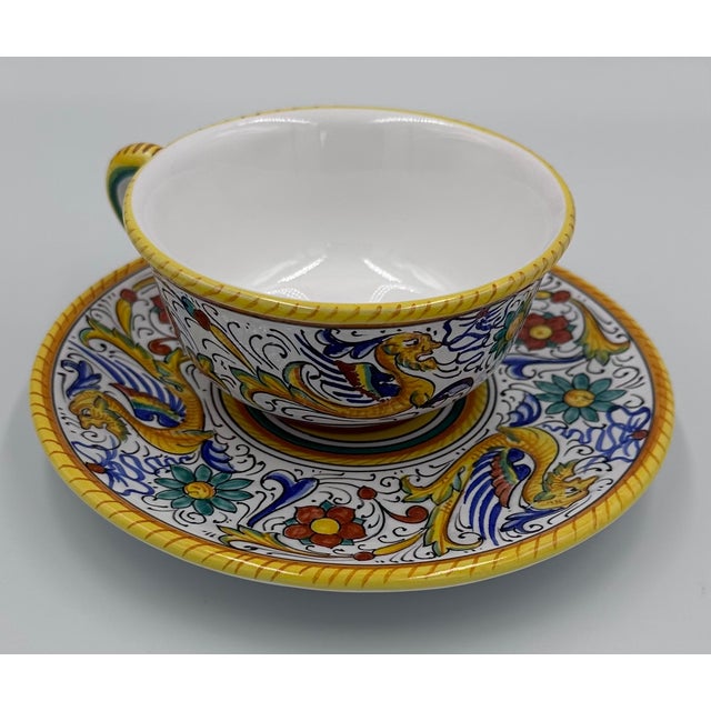 Traditional 1970s Marino Mazierli Raffaellesco Breakfast Cappuccino Cup Saucer Hand-Painted Dragon Italy For Sale - Image 3 of 9