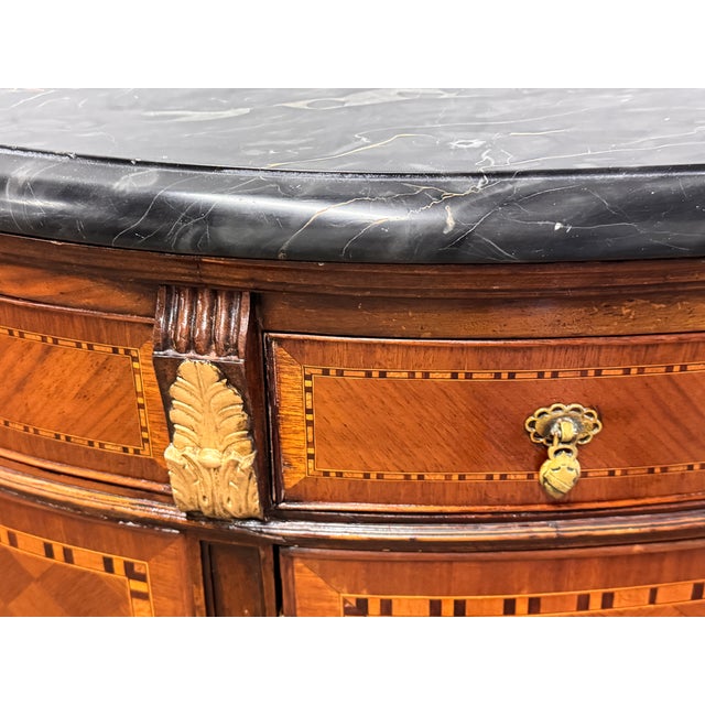 Antique French Style Inlaid Wood Carved Marble Top Demilune Server For Sale - Image 12 of 14