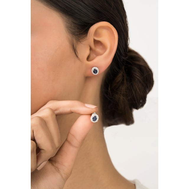 Not Yet Made - Made To Order Classic Oval Blue Sapphire & Diamond Halo Stud Earrings in 14k Solid Gold- A Pair For Sale - Image 5 of 14