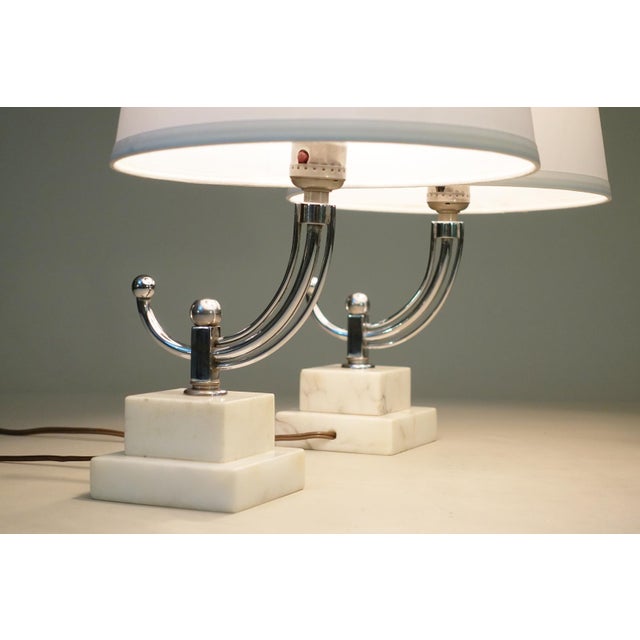 Metal 1930s Art Deco Streamline Moderne Stepped Marble Chrome Table Lamps by Donald Deskey - a Pair For Sale - Image 7 of 12