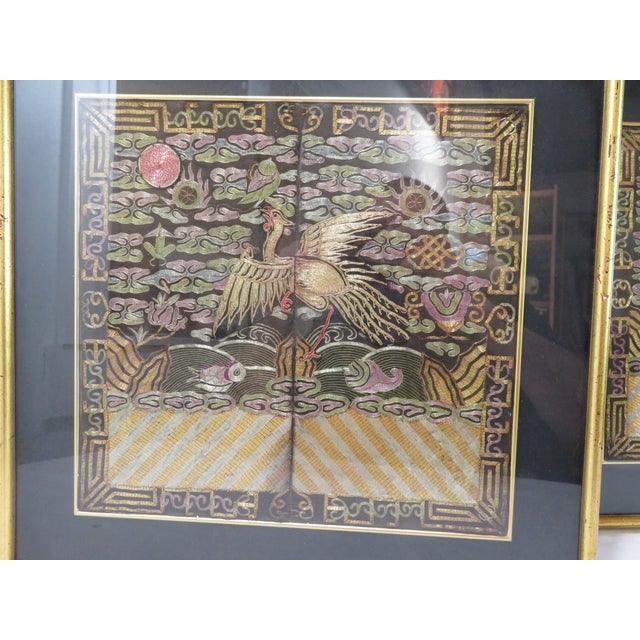 Antique Pair of Qing Dynasty Chinese Embroidered Silk Buzi Civil Rank Badges ~ Gold Frame For Sale - Image 4 of 17