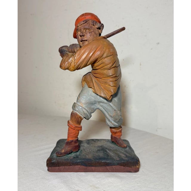 Very Rare Antique 1800s Hand Carved Wood Folk Art Baseball Sculpture Statue For Sale - Image 4 of 17