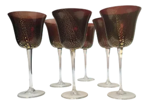 Cranberry With Gold Venetian Murano Vine Goblets Glasses - Set of 6