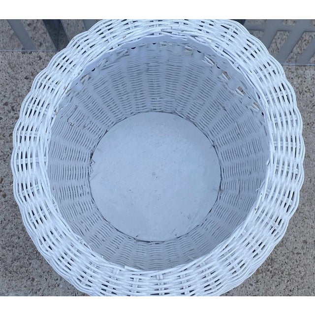 Vintage MCM White Wicker Rattan Boho Floor Tall 24" Planter For Sale - Image 4 of 4