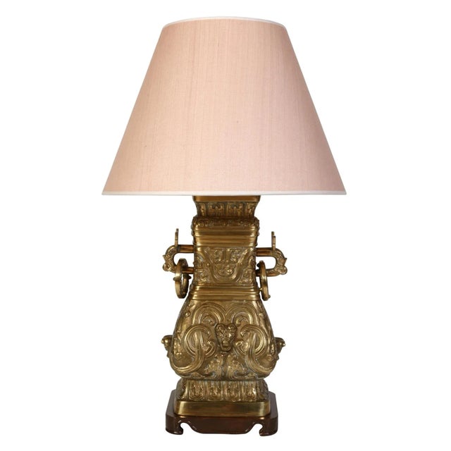 Asian Large Antique Bronze Asian Lamp With Raised Detail For Sale - Image 3 of 3