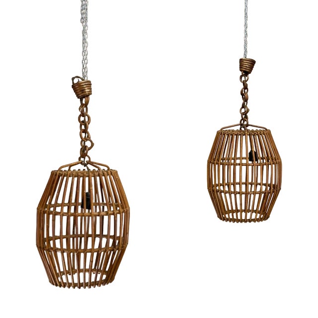 Ceiling Lamps in Wicker, 1950s, Set of 2 For Sale