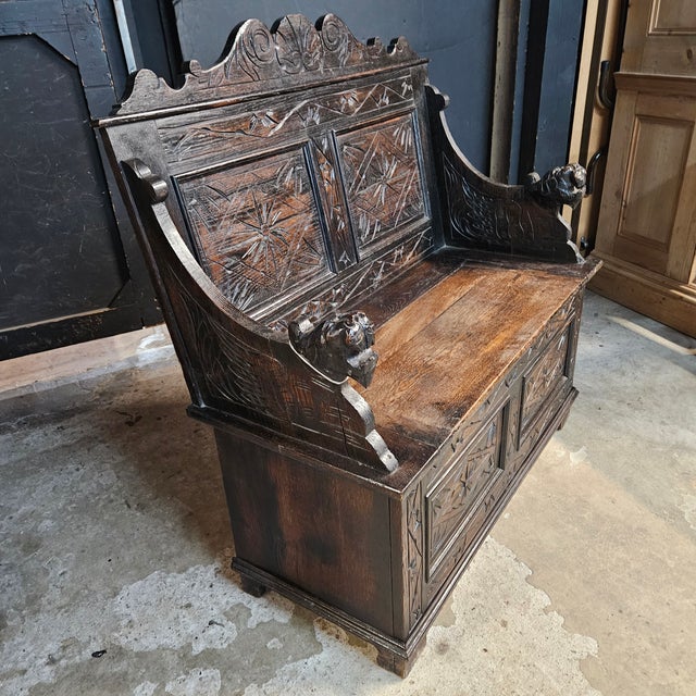Brown Mid 19th Century Oak Carved Panel Back and Front Settle With Griffin Head Arms For Sale - Image 8 of 12