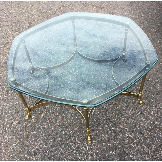 Brass Vintage Horsehoof Hexagonal Brass Glass Coffee Table, in Manner of LaBarge For Sale - Image 8 of 8