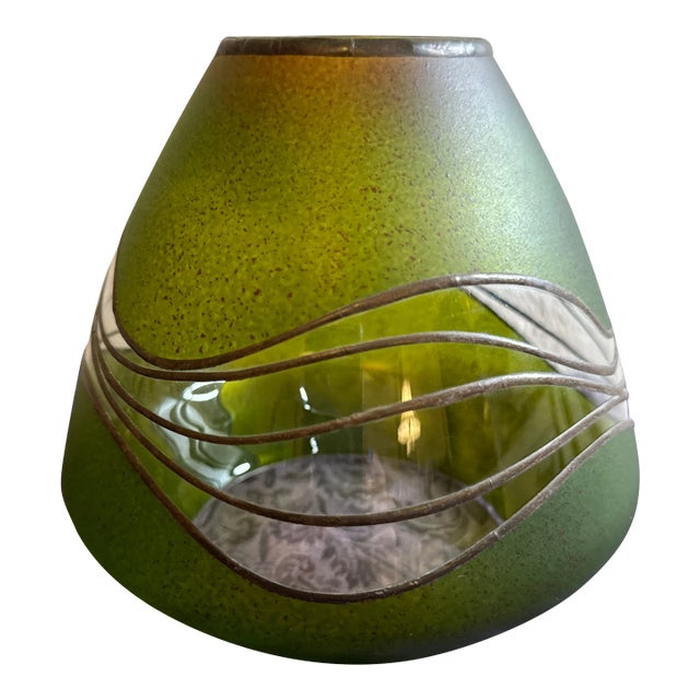 Vintage Green Glass and Metal Artist Signed Vase For Sale