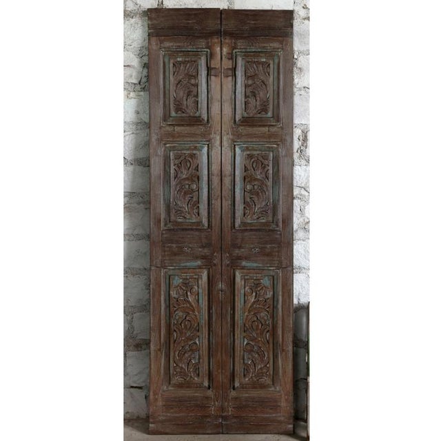 Mid-Century Modern Vintage Floral Carved Wood French Doors | Reclaimed Wood Hinged or Sliding Doors 80x28 For Sale - Image 3 of 5