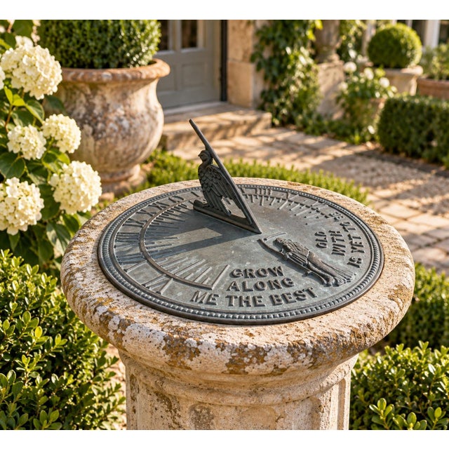 A classic vintage iron garden sundial inspired by traditional English estate landscapes, reading "Grow old along with me....