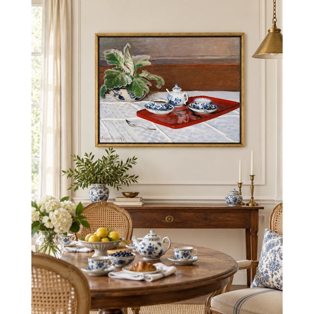 French Country 1872 Vintage Tea Still Life Art Print, Blue and White Porcelain Kitchen Wall Art by Monet - 48" X 36" For Sale - Image 3 of 7