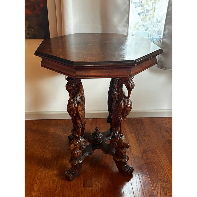 Antique 1920’s Figural Carved Storks With Rams Heads Octagonal Lamp Table For Sale - Image 12 of 12