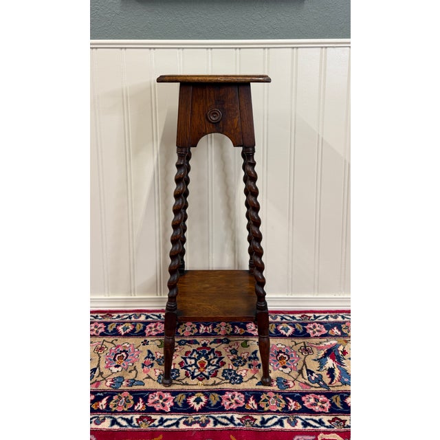 Antique English 4-Post Barley Twist Pedestal Plant Stand Jacobean Oak 36" Tall For Sale - Image 10 of 18