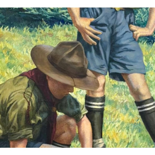 Large Signed Oil on Canvas Painting by Alfred Waagner, Two Scouts in an Alpine Meadow, Early 20th Century. For Sale - Image 4 of 11