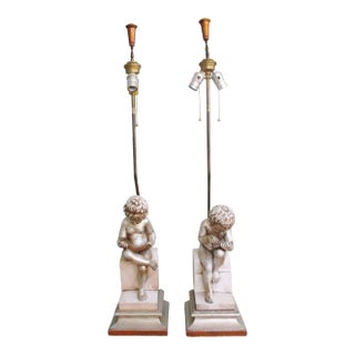 1940s Child Reading and Child Writing Marble Lamps After Charles-Gabriel Sauva - a Pair For Sale