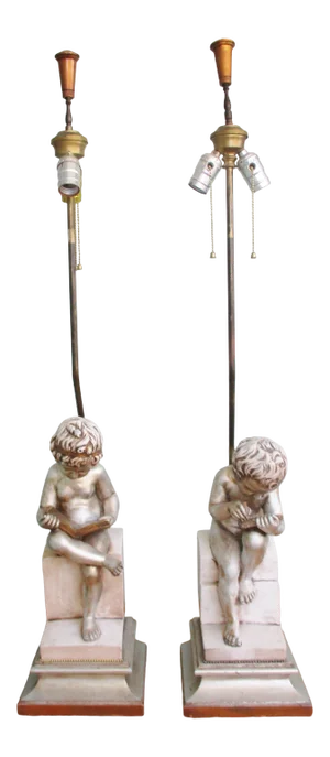 1940s Child Reading and Child Writing Marble Lamps After Charles-Gabriel Sauva - a Pair