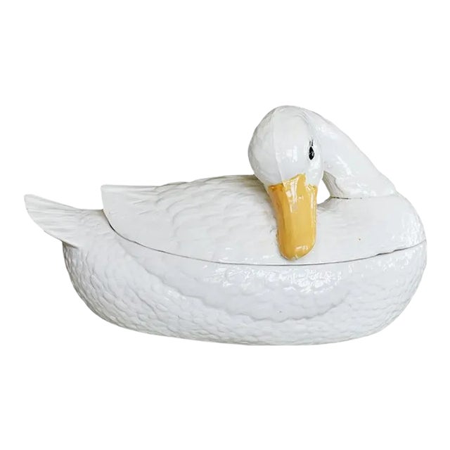 Large Ceramic Cream Painted Covered Duck Tureen With Feather Ladle For Sale