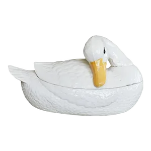 Large Ceramic Cream Painted Covered Duck Tureen With Feather Ladle
