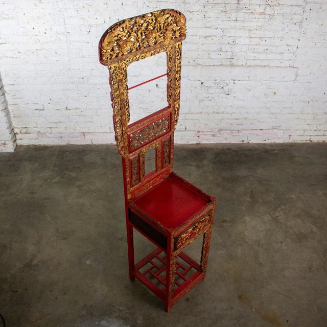 Late 19th to Early 20th Century Antique Chinese Wash Basin Stand Red Lacquer & Gilded W/Hand Carved Details For Sale - Image 17 of 18