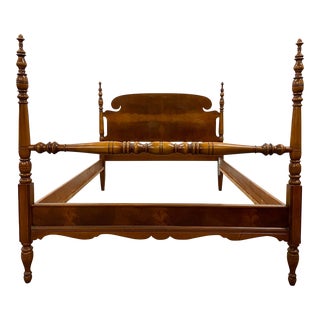 Vintage Full Size Colonial Style Burled Low Four Poster Bed For Sale