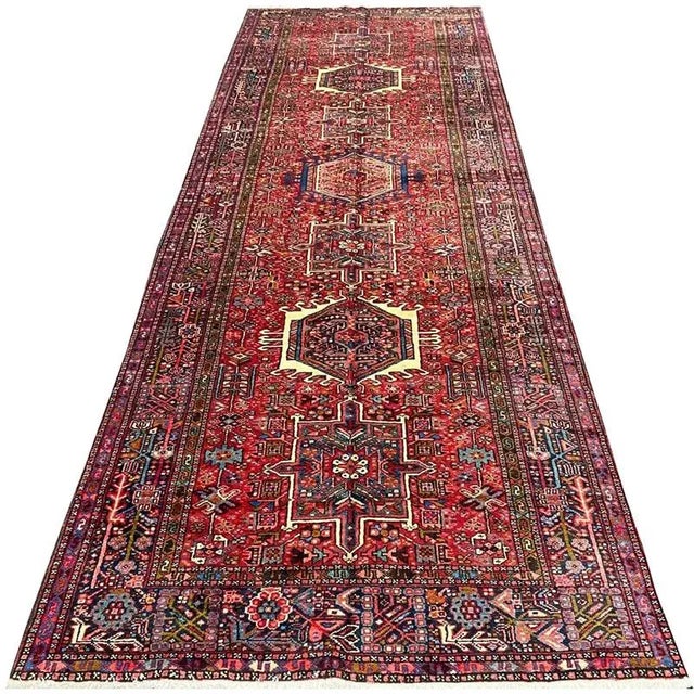 ACTUAL SIZE: 5’1″ x 14’5″ PRIMARY COLOR: Red / Navy AGE: Old MATERIALS: Wool FOUNDATION: Cotton PRODUCTION: Handwoven,...