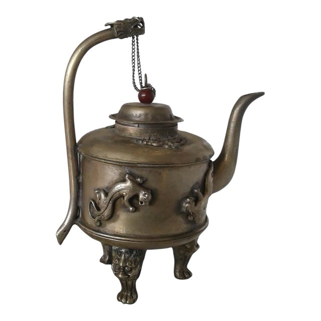 Late 19th Century Chinese Mixed Metal Dragon & Lion Tripod Teapot For Sale