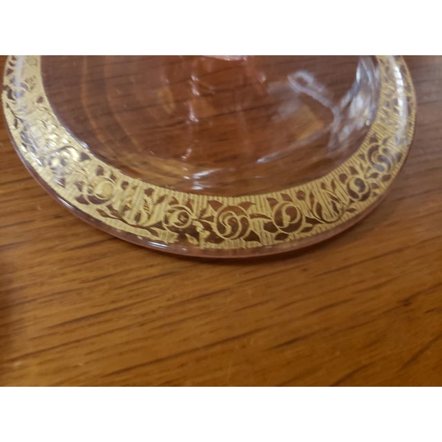 American Pair Vintage Pink Depression Glass Tapered Candle Holders Gilded Floral Scroll Design For Sale - Image 3 of 6