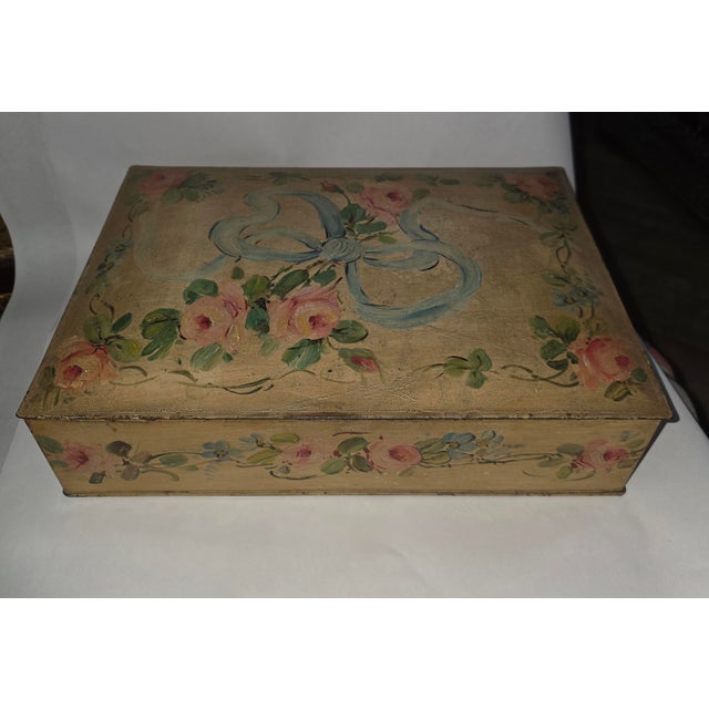Hand Painted Tole Storage Box With Roses and a Bow For Sale - Image 4 of 8