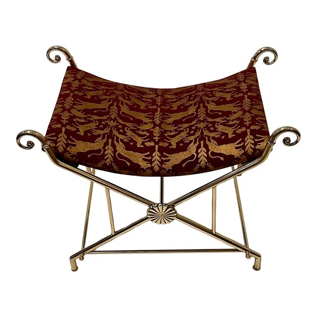 Hollywood Regency Italian Brass Bench With Printed Leather Upholstery For Sale