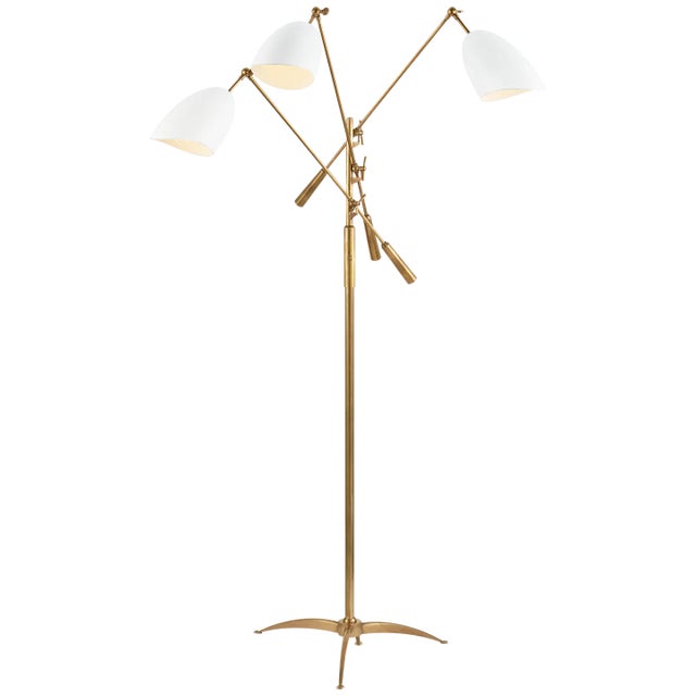 Sommerard Triple Arm Floor Lamp in Hand-Rubbed Antique Brass with White Designer: AERIN Height: 60" - 82" Shade Detail:...