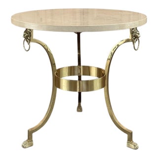 Mid Century Polished Brass Tripod Table With Lion Heads and Stone Top For Sale