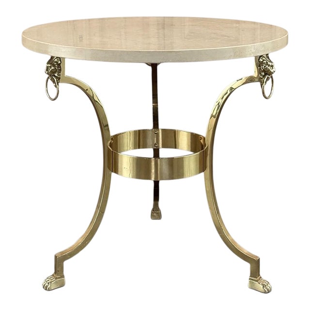 Mid Century Polished Brass Tripod Table With Lion Heads and Stone Top For Sale