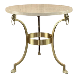 Mid Century Polished Brass Tripod Table With Lion Heads and Stone Top