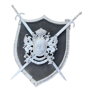 Vintage Mid-Century Modern Iron Lion Coat of Arms With 2 Swords Crossing on Wood Background