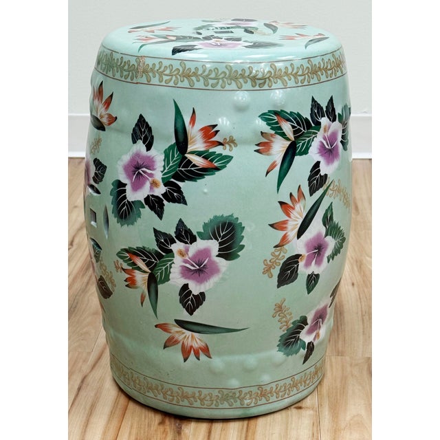 Chinoiserie Vintage Chinoiserie Mint Green Floral Motif Garden Stool For Sale - Image 3 of 9
